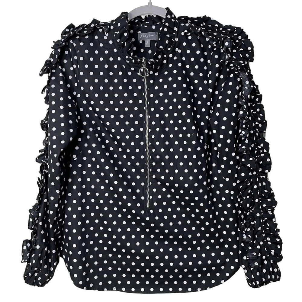 Greysn Black White Polka Dot 1/2 Zip Ruffle Long Sleeve Top Blouse Retro Artsy S